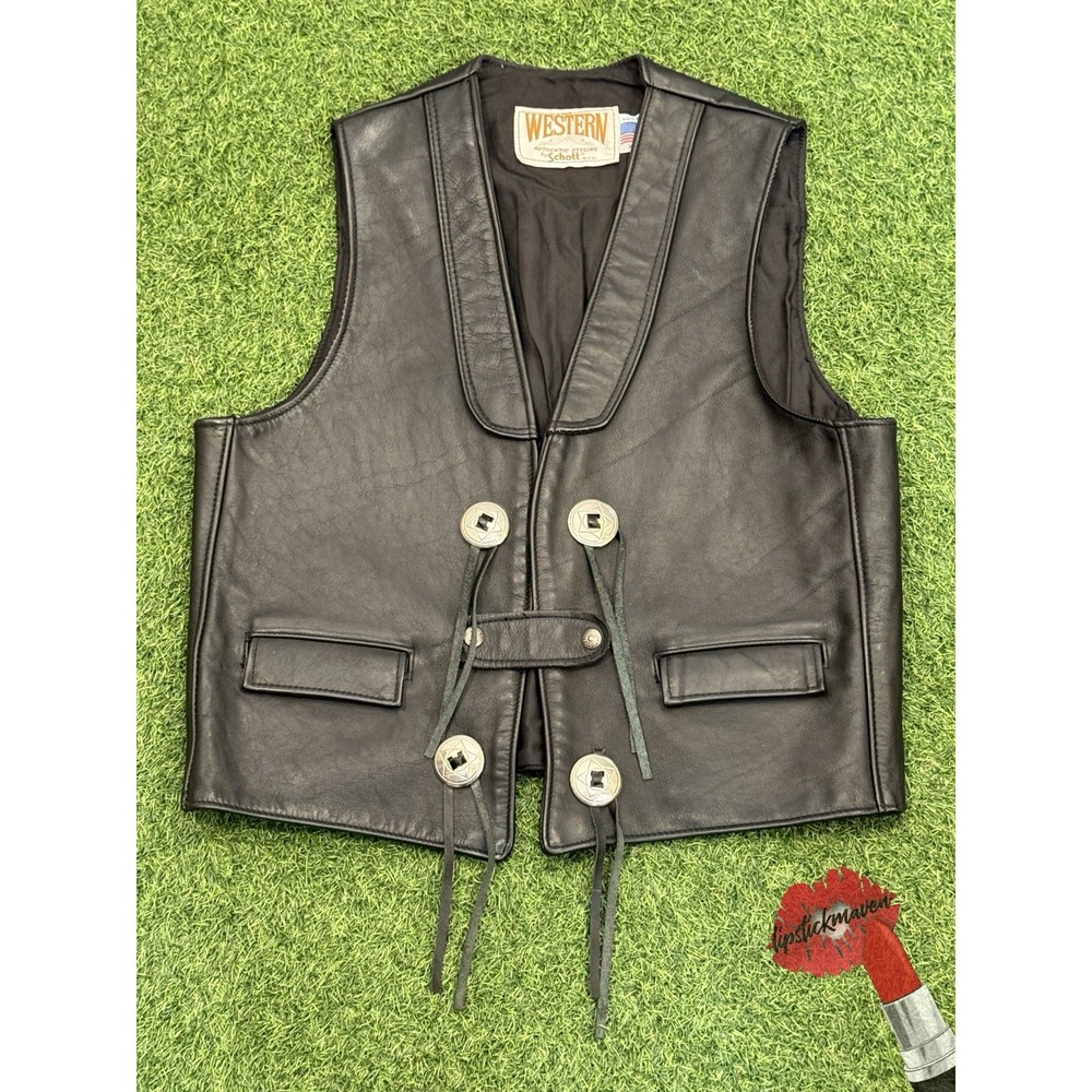 Vintage Schott Western Vest Mens XL Black Leather Cowboy